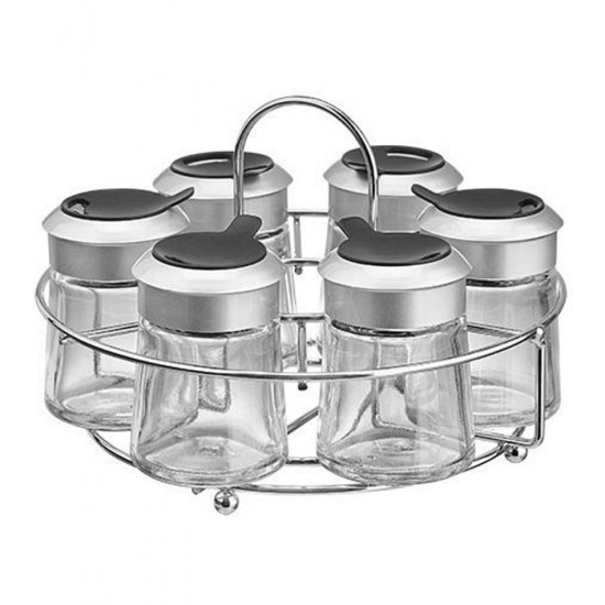 Porta Temperos 6 Potes 50ml Pequenos De Vidro Com Suporte Redondo Aramado Prata